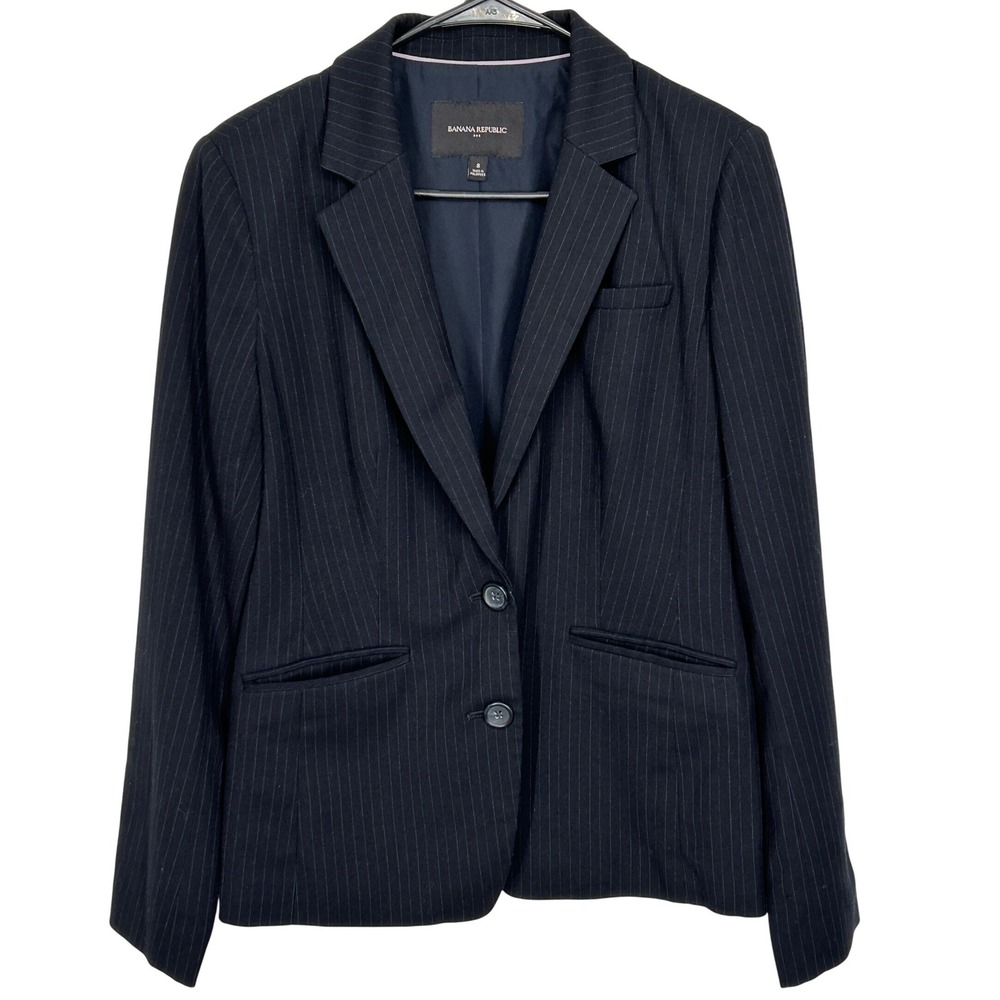 Banana Republic Two Button Black‎ Blazer Blue Pinstripe Shoulder Pad Womens Sz 8
